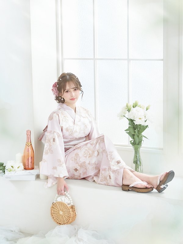 画像11: 【即日発送】ピンクベージュ×ホワイトローズ浴衣  【浴衣３点セット 浴衣/帯/下駄】[YMT]