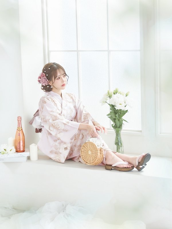 画像12: 【即日発送】ピンクベージュ×ホワイトローズ浴衣  【浴衣３点セット 浴衣/帯/下駄】[YMT]