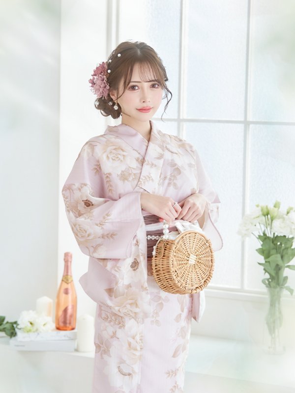 画像8: 【即日発送】ピンクベージュ×ホワイトローズ浴衣  【浴衣３点セット 浴衣/帯/下駄】[YMT]