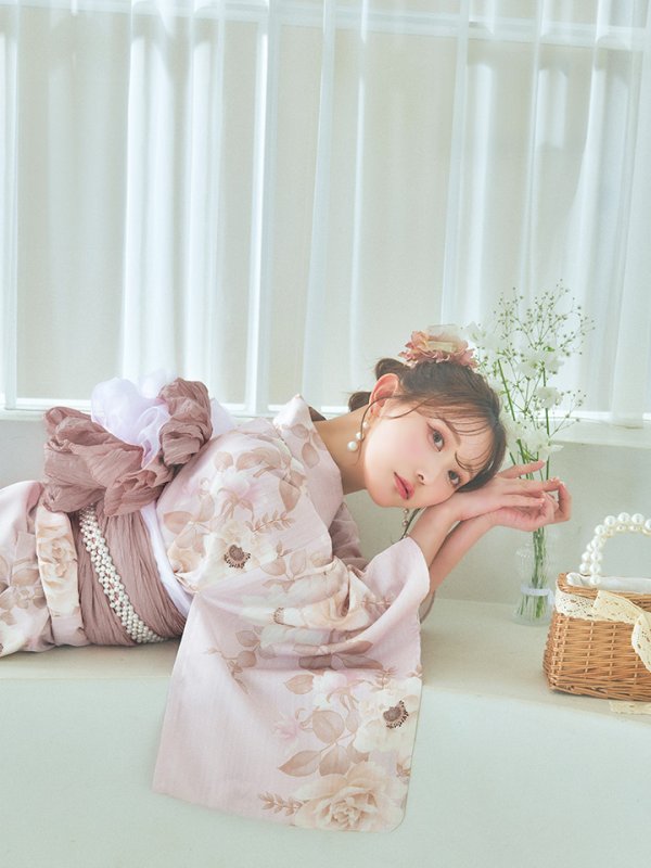 画像10: 【即日発送】ピンクベージュ×ホワイトローズ浴衣  【浴衣３点セット 浴衣/帯/下駄】[YMT]