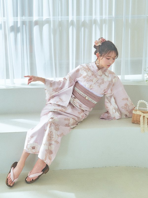 画像13: 【即日発送】ピンクベージュ×ホワイトローズ浴衣  【浴衣３点セット 浴衣/帯/下駄】[YMT]