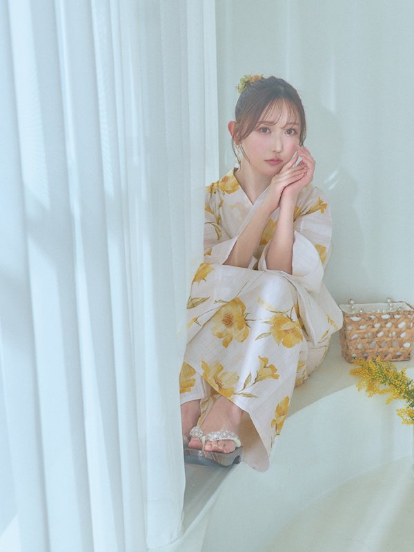 画像14: 【即日発送】白地にイエローの水彩花柄浴衣  【浴衣３点セット 浴衣/帯/下駄】[YMT]