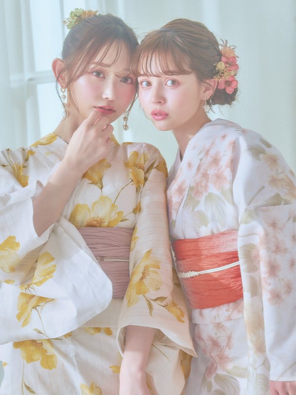 画像18: 【即日発送】白地にイエローの水彩花柄浴衣  【浴衣３点セット 浴衣/帯/下駄】[YMT]