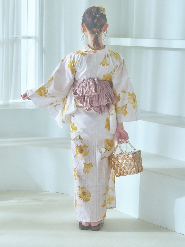 画像21: 【即日発送】白地にイエローの水彩花柄浴衣  【浴衣３点セット 浴衣/帯/下駄】[YMT]