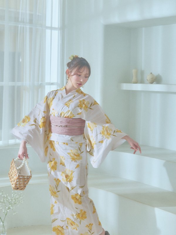 画像7: 【即日発送】白地にイエローの水彩花柄浴衣  【浴衣３点セット 浴衣/帯/下駄】[YMT]