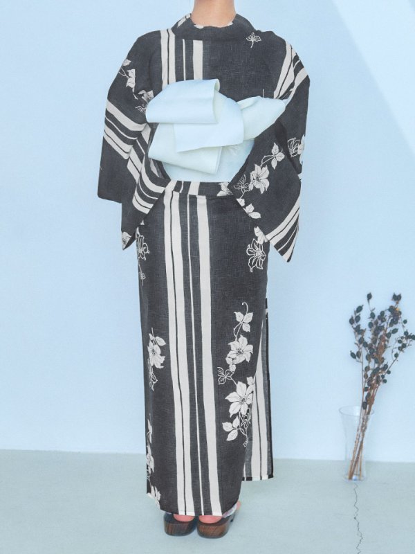 画像16: 【即日発送！】ストライプ×フラワーレトロ浴衣  【浴衣３点セット 浴衣/帯/下駄】[YMT]