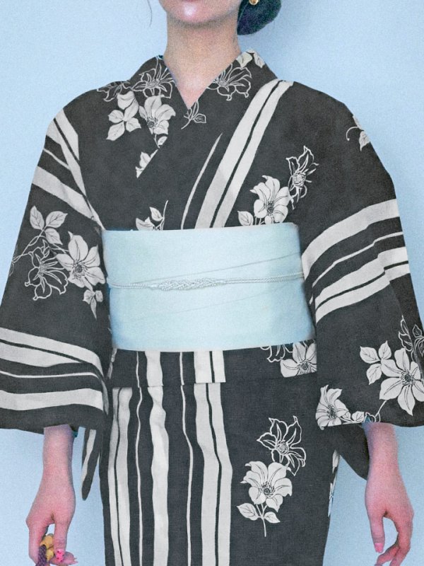 画像17: 【即日発送！】ストライプ×フラワーレトロ浴衣  【浴衣３点セット 浴衣/帯/下駄】[YMT]