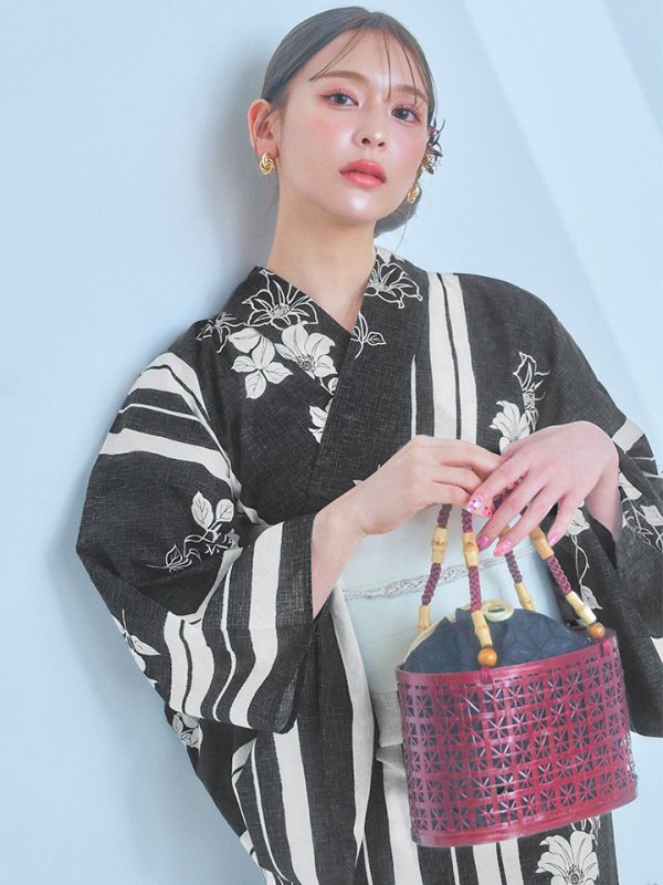 画像3: 【即日発送！】ストライプ×フラワーレトロ浴衣  【浴衣３点セット 浴衣/帯/下駄】[YMT]