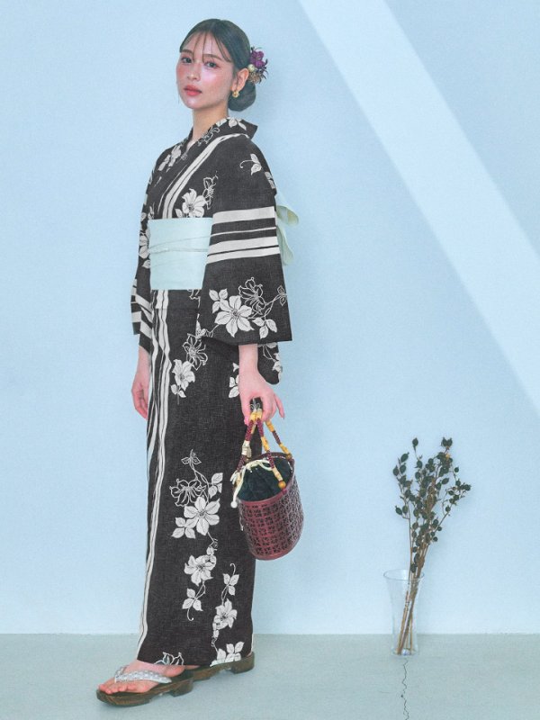 画像5: 【即日発送！】ストライプ×フラワーレトロ浴衣  【浴衣３点セット 浴衣/帯/下駄】[YMT]