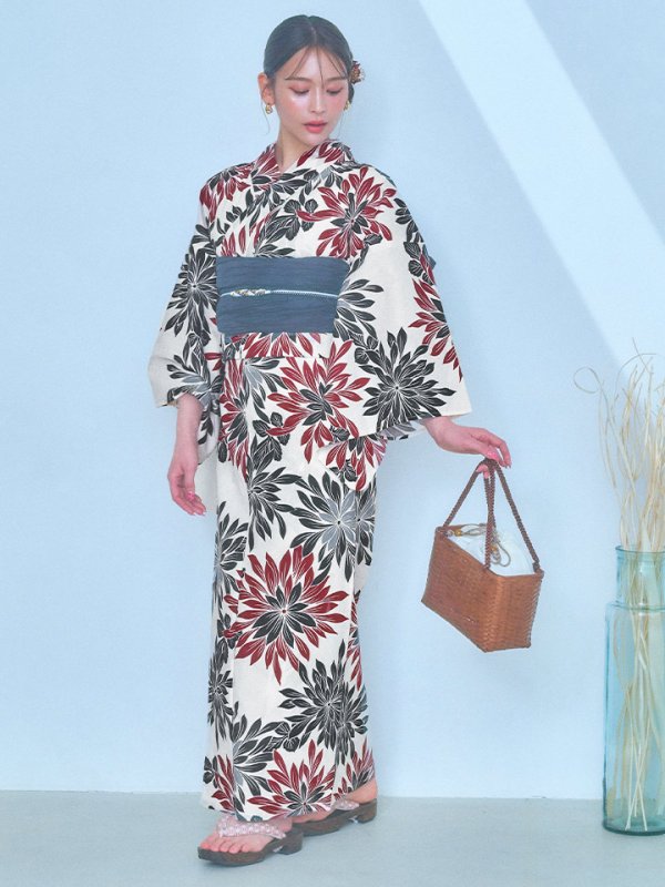 画像10: 【即日発送】ネイビー＆レッドフラワーモダン浴衣  【浴衣３点セット 浴衣/帯/下駄】[YMT]