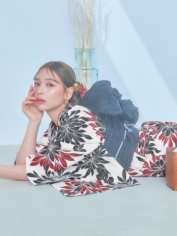 画像3: 【即日発送】ネイビー＆レッドフラワーモダン浴衣  【浴衣３点セット 浴衣/帯/下駄】[YMT]