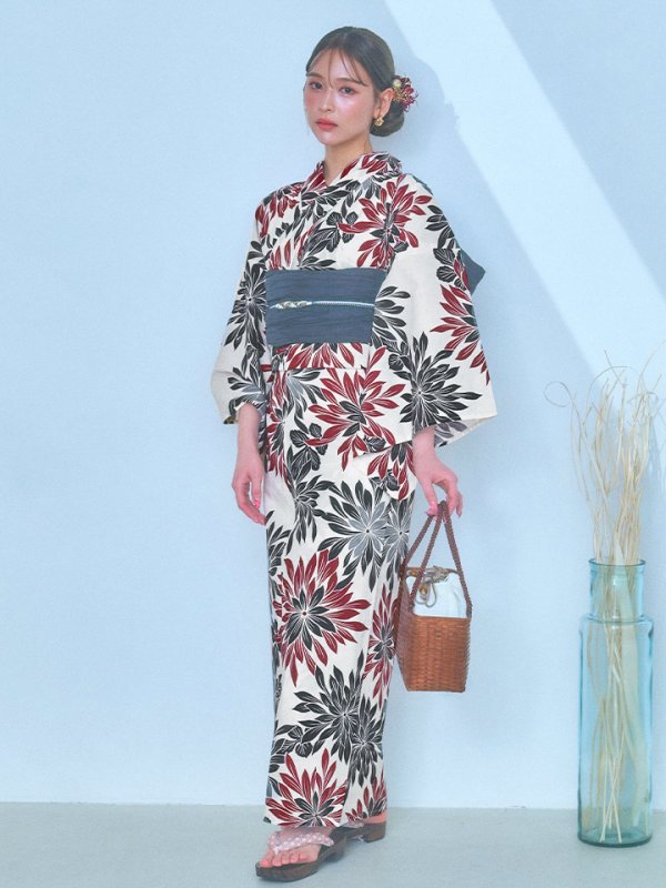 画像4: 【即日発送】ネイビー＆レッドフラワーモダン浴衣  【浴衣３点セット 浴衣/帯/下駄】[YMT]