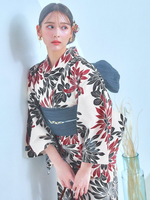 画像5: 【即日発送】ネイビー＆レッドフラワーモダン浴衣  【浴衣３点セット 浴衣/帯/下駄】[YMT]