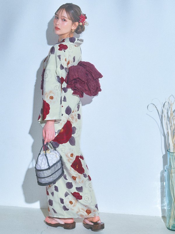 画像10: 【即日発送】ホワイト＆レッド椿浴衣  【浴衣３点セット 浴衣/帯/下駄】[OF04]