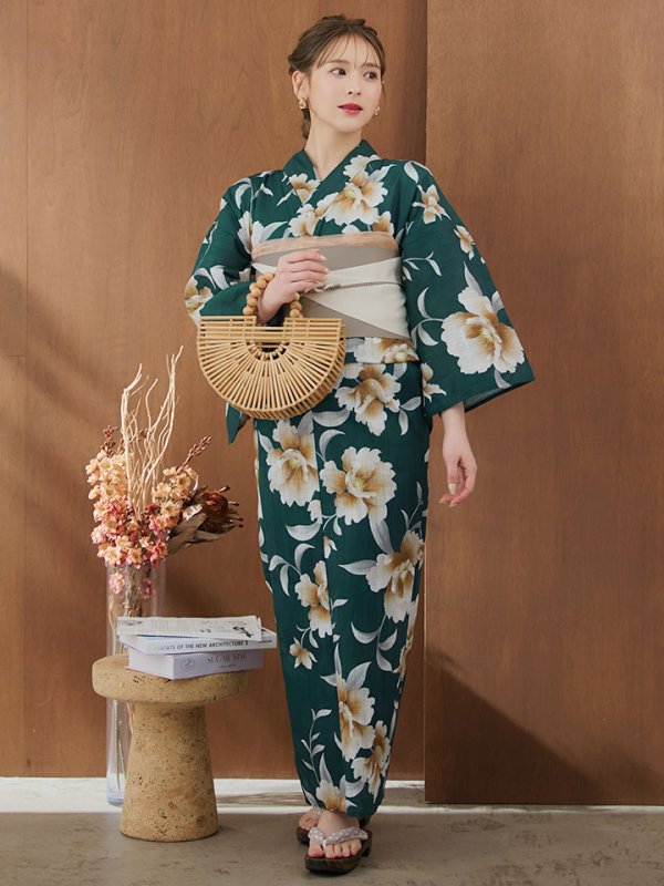 画像13: 【即日発送】グリーン×牡丹浴衣  【浴衣３点セット 浴衣/帯/下駄】[YMT]