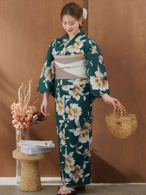 画像4: 【即日発送】グリーン×牡丹浴衣  【浴衣３点セット 浴衣/帯/下駄】[YMT]