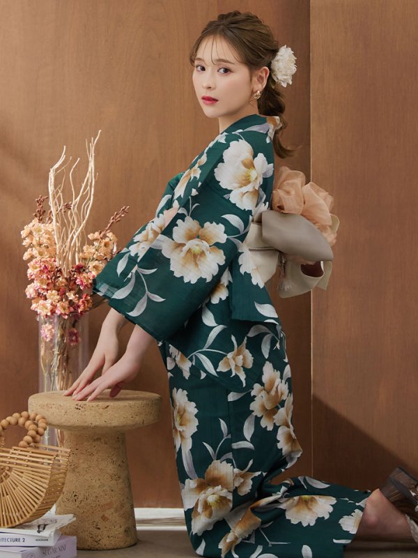画像9: 【即日発送】グリーン×牡丹浴衣  【浴衣３点セット 浴衣/帯/下駄】[YMT]