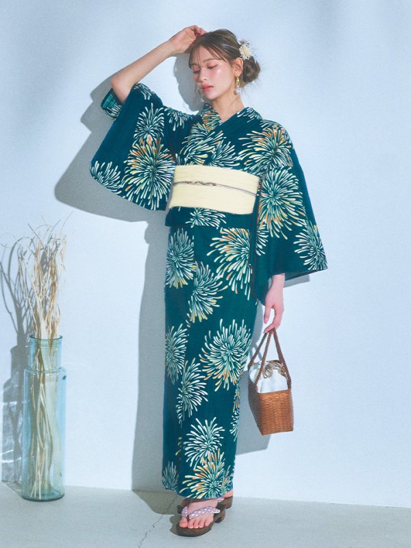 画像11: 【即日発送】エメラルドグリーン×花火浴衣  【浴衣３点セット 浴衣/帯/下駄】[YMT]