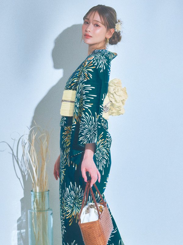 画像12: 【即日発送】エメラルドグリーン×花火浴衣  【浴衣３点セット 浴衣/帯/下駄】[YMT]