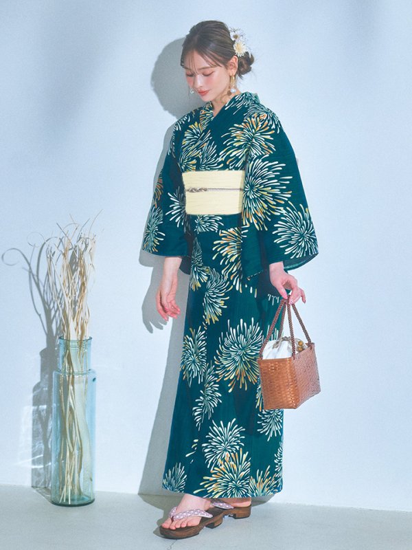 画像13: 【即日発送】エメラルドグリーン×花火浴衣  【浴衣３点セット 浴衣/帯/下駄】[YMT]