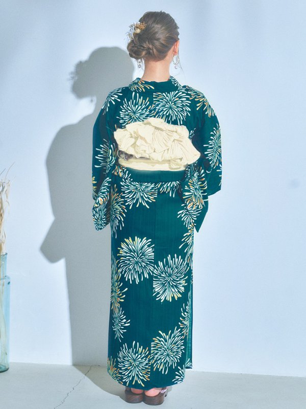 画像14: 【即日発送】エメラルドグリーン×花火浴衣  【浴衣３点セット 浴衣/帯/下駄】[YMT]