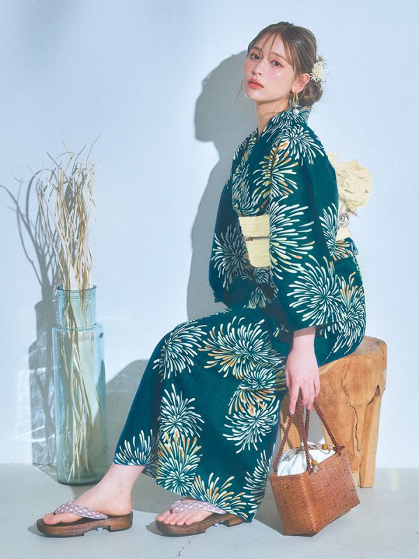 画像7: 【即日発送】エメラルドグリーン×花火浴衣  【浴衣３点セット 浴衣/帯/下駄】[YMT]