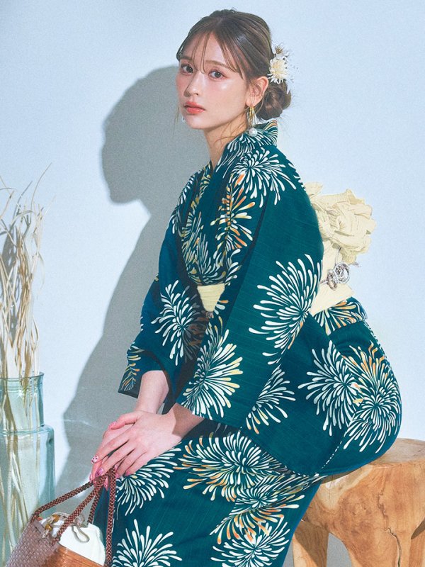 画像8: 【即日発送】エメラルドグリーン×花火浴衣  【浴衣３点セット 浴衣/帯/下駄】[YMT]