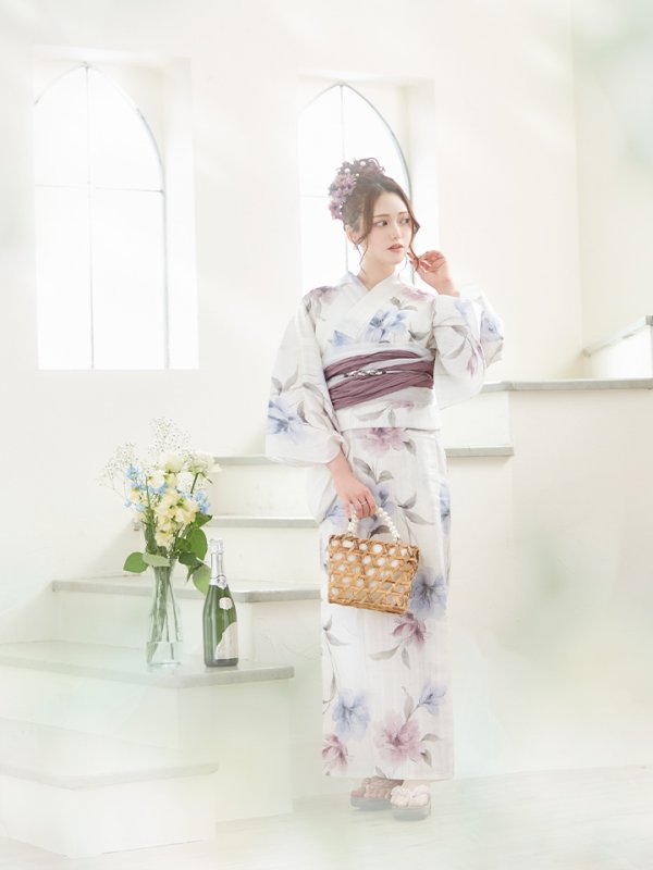 画像11: 【即日発送】ホワイト×アイシーフラワー浴衣  【浴衣３点セット 浴衣/帯/下駄】[YMT]