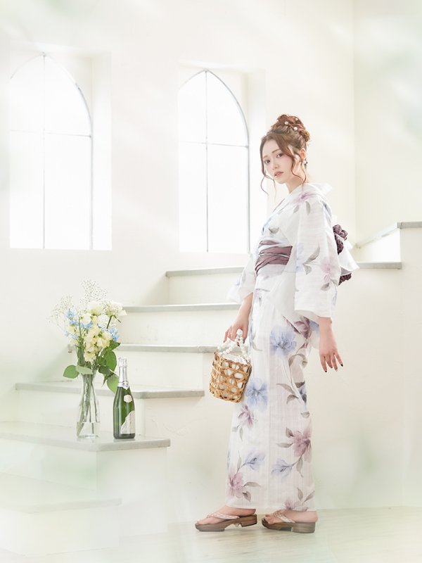 画像12: 【即日発送】ホワイト×アイシーフラワー浴衣  【浴衣３点セット 浴衣/帯/下駄】[YMT]