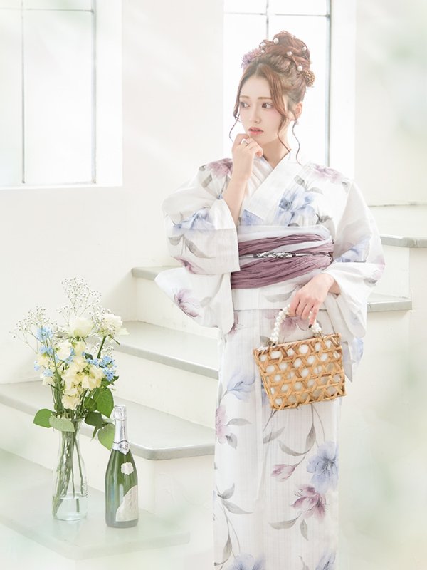 画像13: 【即日発送】ホワイト×アイシーフラワー浴衣  【浴衣３点セット 浴衣/帯/下駄】[YMT]