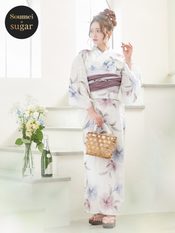 画像3: 【即日発送】ホワイト×アイシーフラワー浴衣  【浴衣３点セット 浴衣/帯/下駄】[YMT]