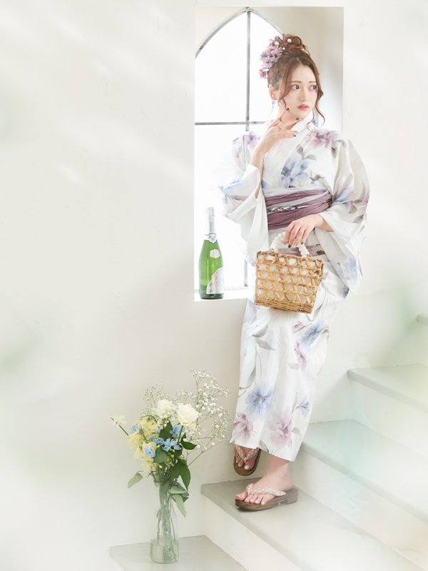 画像6: 【即日発送】ホワイト×アイシーフラワー浴衣  【浴衣３点セット 浴衣/帯/下駄】[YMT]