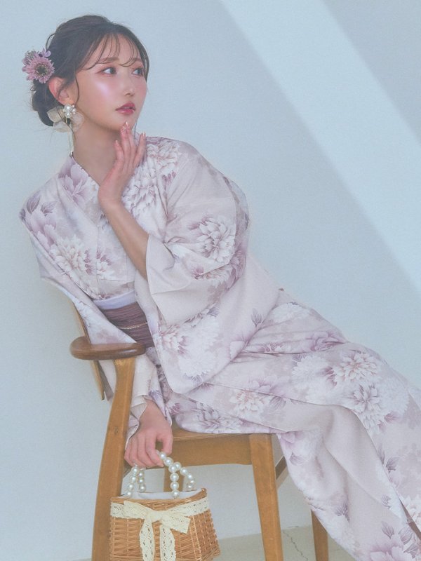 画像11: 【即日発送】くすみカラー×パープルダリア浴衣  【浴衣３点セット 浴衣/帯/下駄】[YMT]