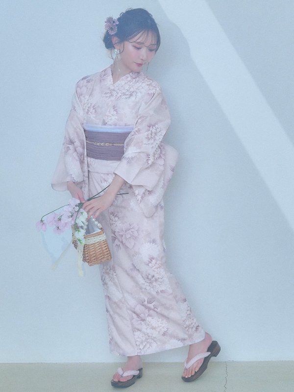 画像12: 【即日発送】くすみカラー×パープルダリア浴衣  【浴衣３点セット 浴衣/帯/下駄】[YMT]