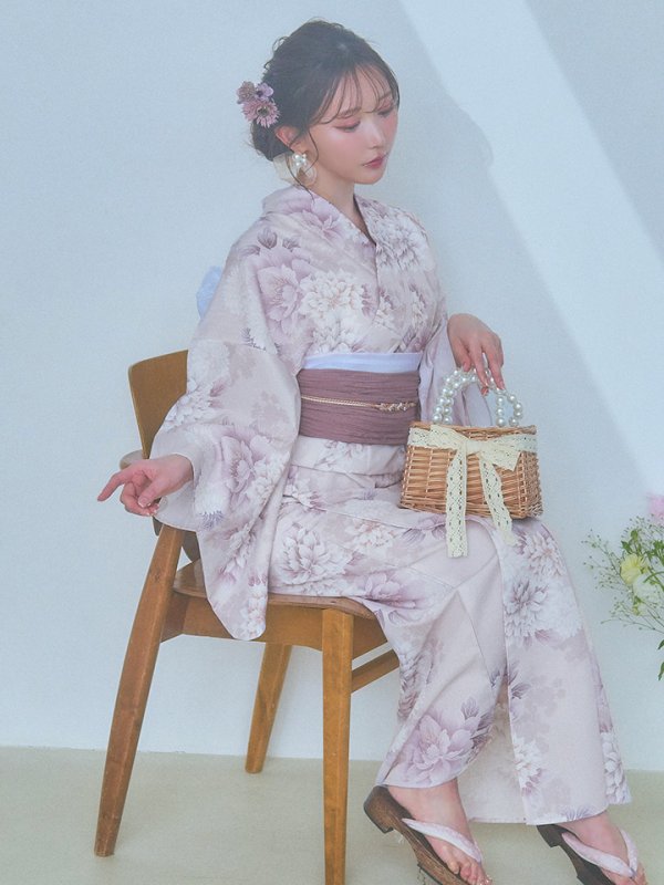 画像13: 【即日発送】くすみカラー×パープルダリア浴衣  【浴衣３点セット 浴衣/帯/下駄】[YMT]