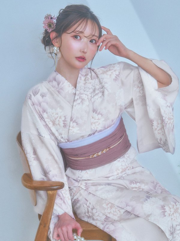 画像3: 【即日発送】くすみカラー×パープルダリア浴衣  【浴衣３点セット 浴衣/帯/下駄】[YMT]