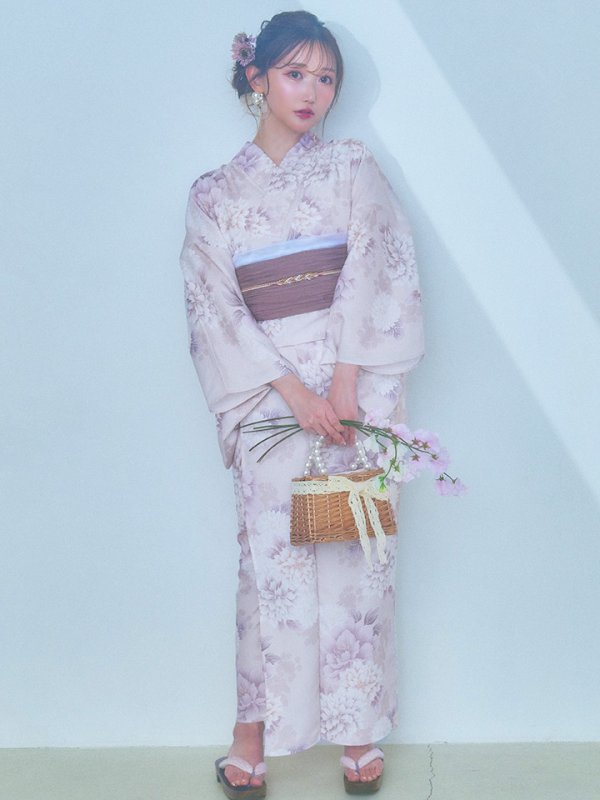 画像4: 【即日発送】くすみカラー×パープルダリア浴衣  【浴衣３点セット 浴衣/帯/下駄】[YMT]