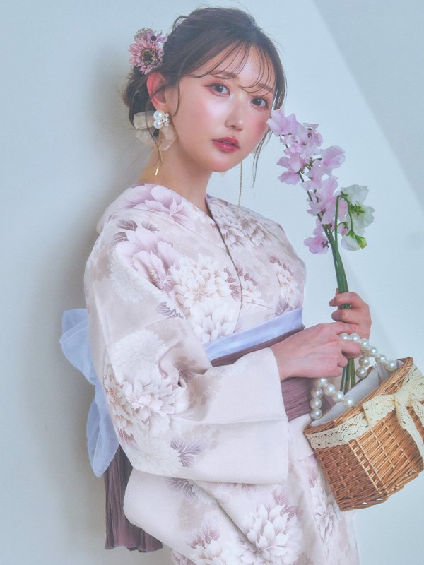 画像5: 【即日発送】くすみカラー×パープルダリア浴衣  【浴衣３点セット 浴衣/帯/下駄】[YMT]