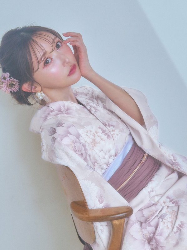 画像7: 【即日発送】くすみカラー×パープルダリア浴衣  【浴衣３点セット 浴衣/帯/下駄】[YMT]