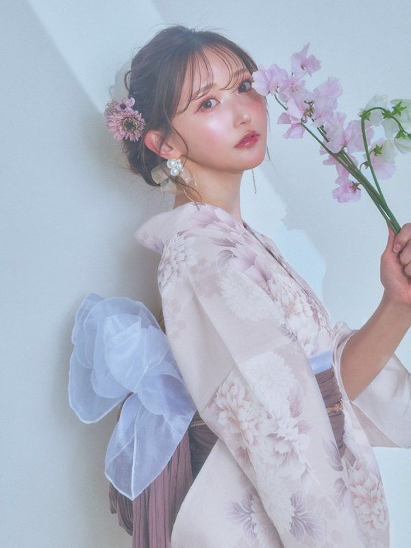 画像8: 【即日発送】くすみカラー×パープルダリア浴衣  【浴衣３点セット 浴衣/帯/下駄】[YMT]