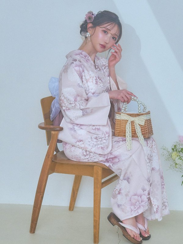 画像9: 【即日発送】くすみカラー×パープルダリア浴衣  【浴衣３点セット 浴衣/帯/下駄】[YMT]