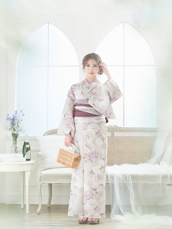 画像12: 【即日発送】くすみカラー×パープルダリア浴衣  【浴衣３点セット 浴衣/帯/下駄】[YMT]