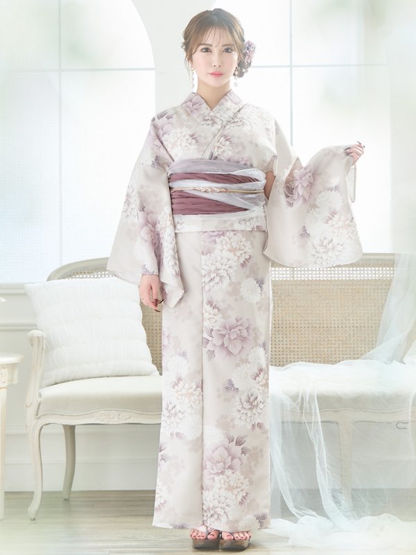 画像4: 【即日発送】くすみカラー×パープルダリア浴衣  【浴衣３点セット 浴衣/帯/下駄】[YMT]