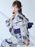 【予約 / 5月中旬発送予定】白地に凛と咲くクレマチス柄浴衣 OBI-siwa-201-wk-5-BL / HIMO-902-kj-4-PL / HEKO-800-sb-5-W / YA-1025-wk-BL / GETA-01-kj-2-BL[YMT]