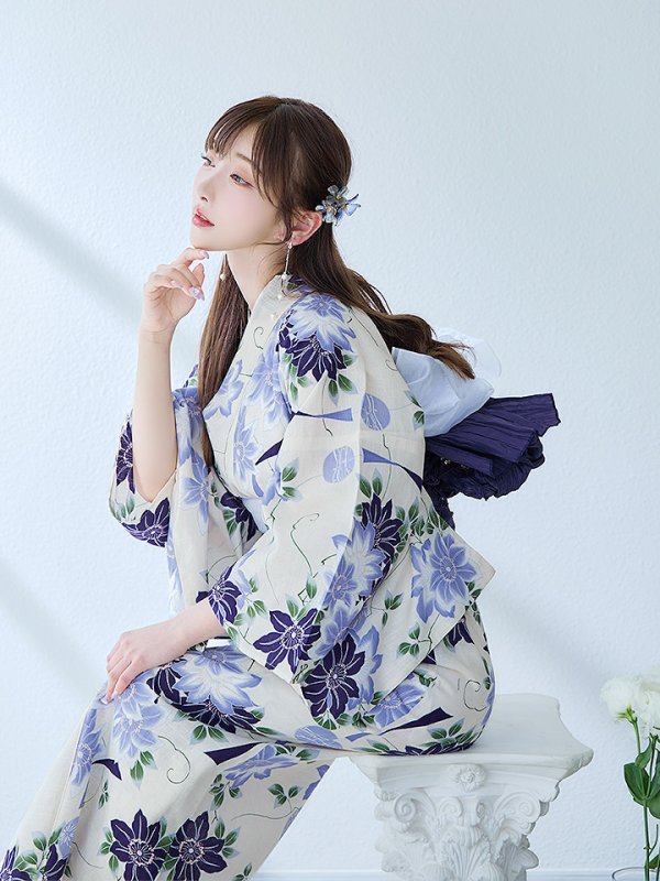 画像12: 【即日発送】白地に凛と咲くクレマチス柄浴衣  【浴衣３点セット 浴衣/帯/下駄】[YMT]