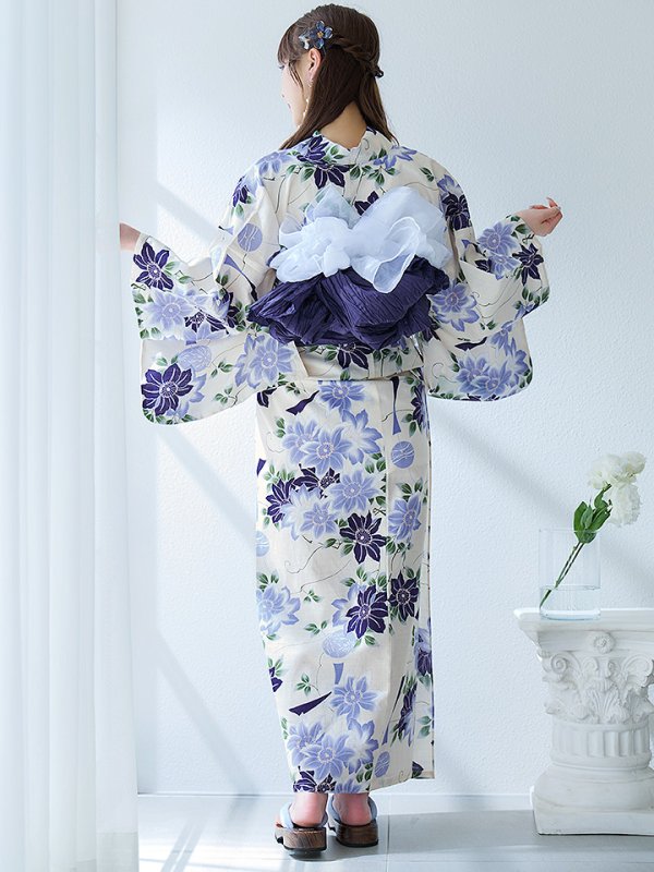 画像13: 【即日発送】白地に凛と咲くクレマチス柄浴衣  【浴衣３点セット 浴衣/帯/下駄】[YMT]