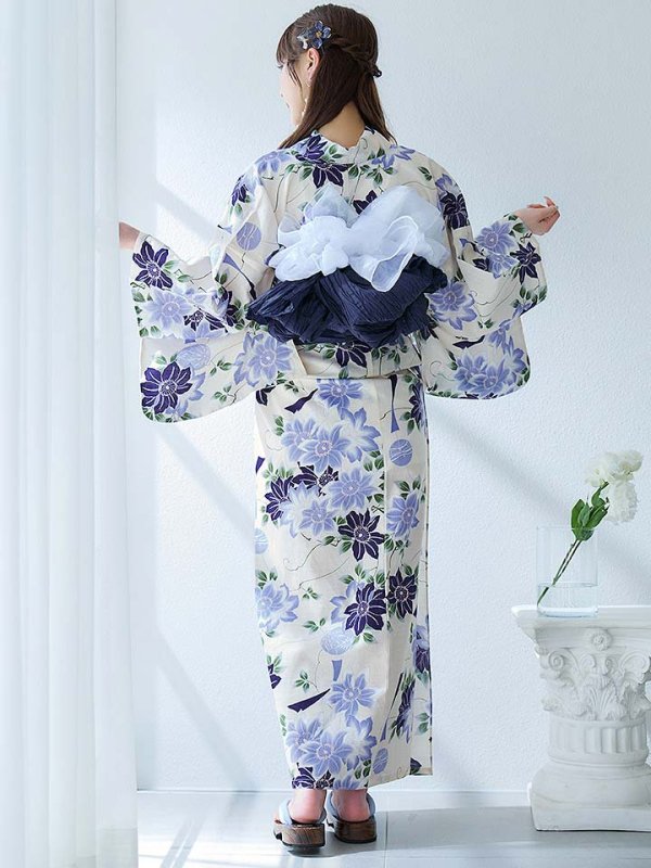 画像8: 【即日発送】白地に凛と咲くクレマチス柄浴衣  【浴衣３点セット 浴衣/帯/下駄】[YMT]