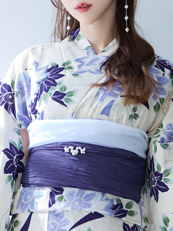 画像14: 【即日発送】白地に凛と咲くクレマチス柄浴衣  【浴衣３点セット 浴衣/帯/下駄】[YMT]