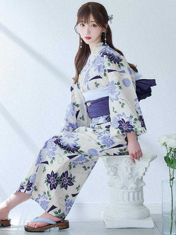 画像3: 【即日発送】白地に凛と咲くクレマチス柄浴衣  【浴衣３点セット 浴衣/帯/下駄】[YMT]