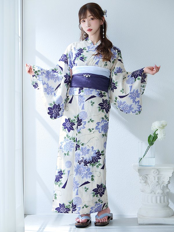 画像4: 【即日発送】白地に凛と咲くクレマチス柄浴衣  【浴衣３点セット 浴衣/帯/下駄】[YMT]